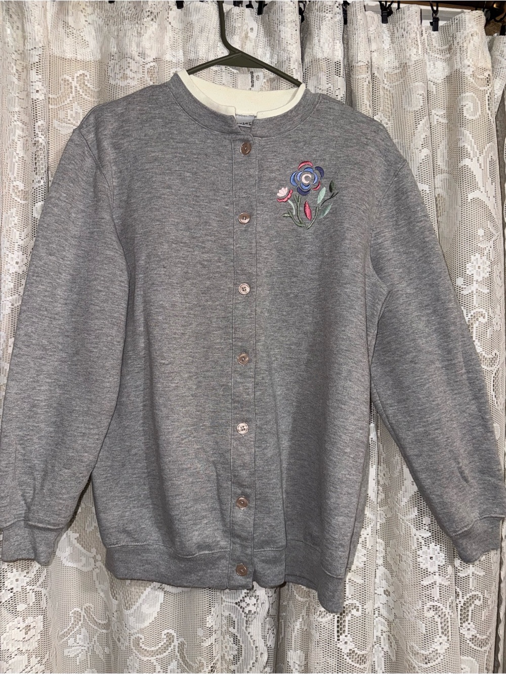 Gray Embroidered Floral Button-Up Sweatshirt